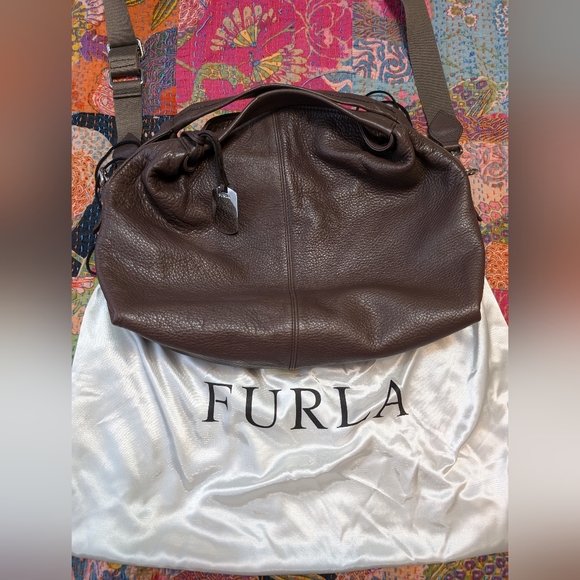 Brown leather Furla 2 way crossbody bag purse - Picture 1 of 9